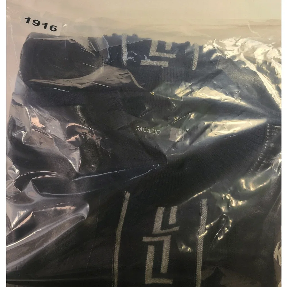 Bagazio Men's Navy Blue Faux Leather Mixed Media Greek Key Knit Sweater Size L